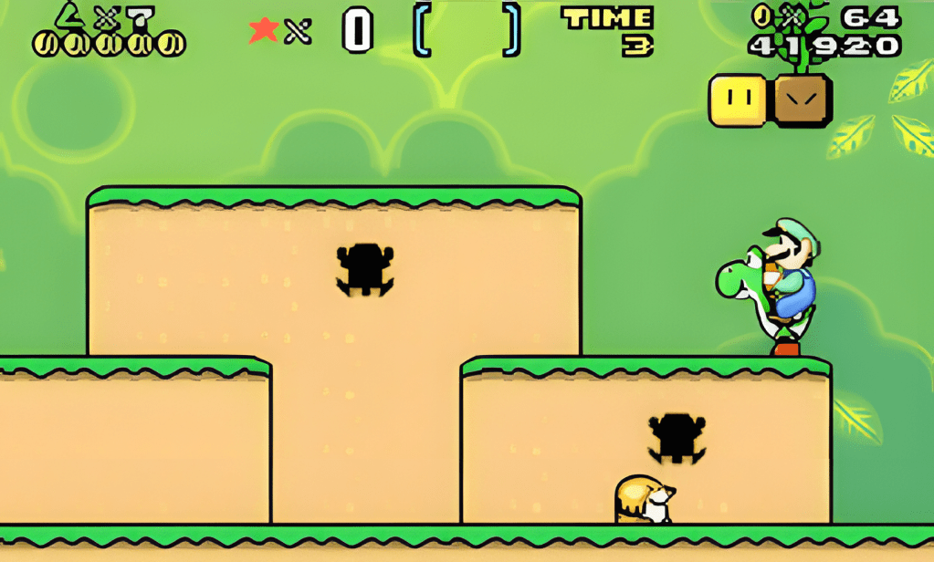 Luigi riding Yoshi during one of the game's early stages in the GBA re-release Super Mario World: Super Mario Advance 2.