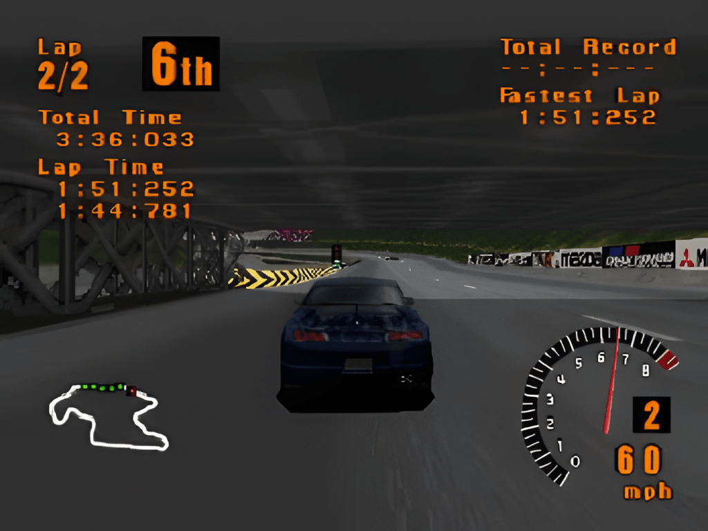 Gameplay from the first Gran Turismo featuring a Mitsubishi FTO GPX on the fictional Trial Mountain Circuit.