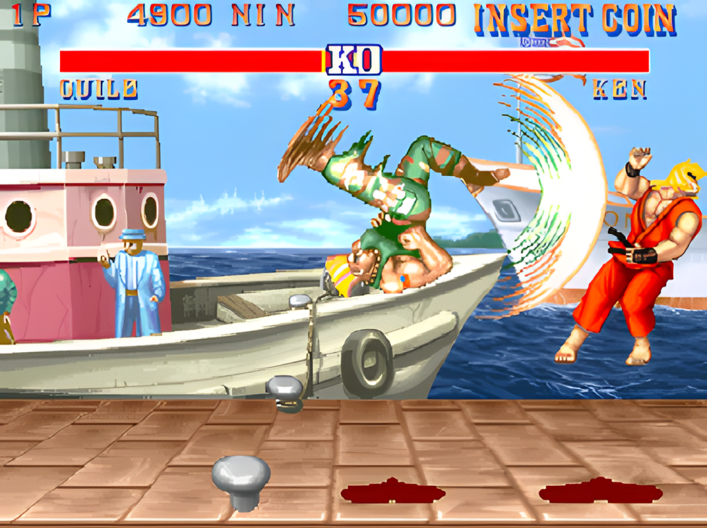 Guile defeats Ken with his Flash Kick on the arcade version.