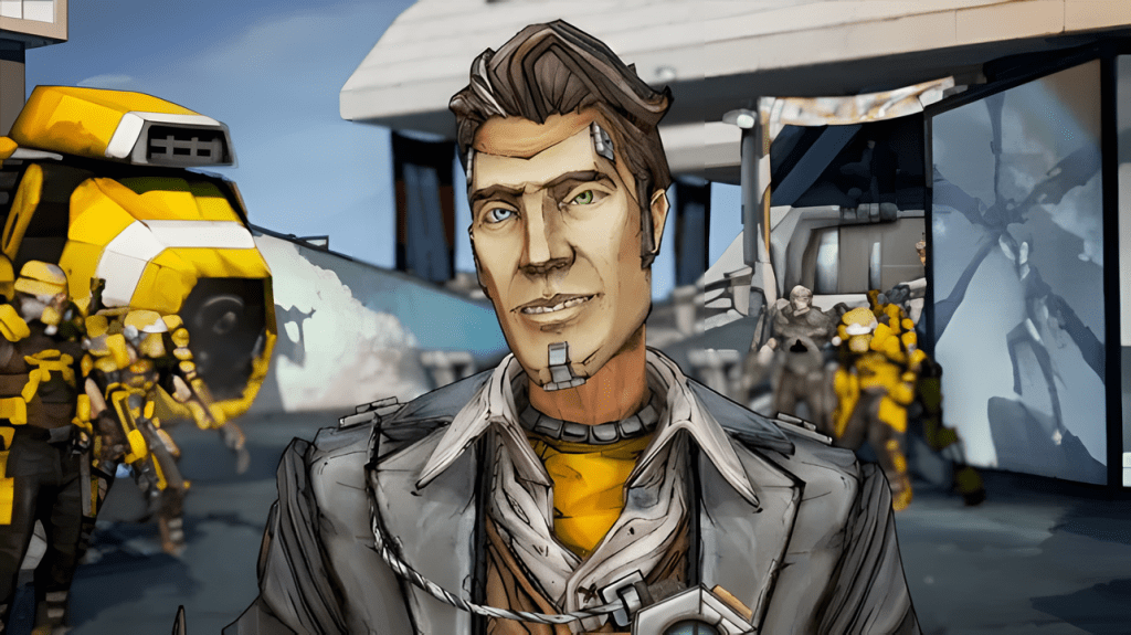 Handsome Jack smirking in front of a space station, wearing a Hyperion logo jacket.