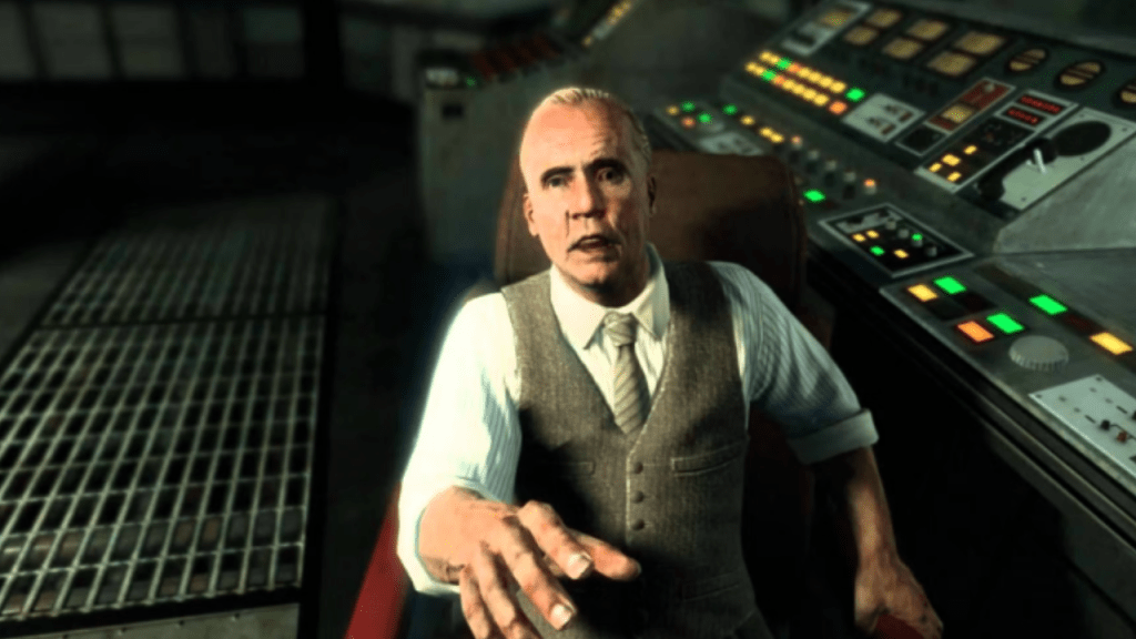 Steiner in a cold war lab, surrounded by Nova 6 tanks and old tech, face shadowed ominously.