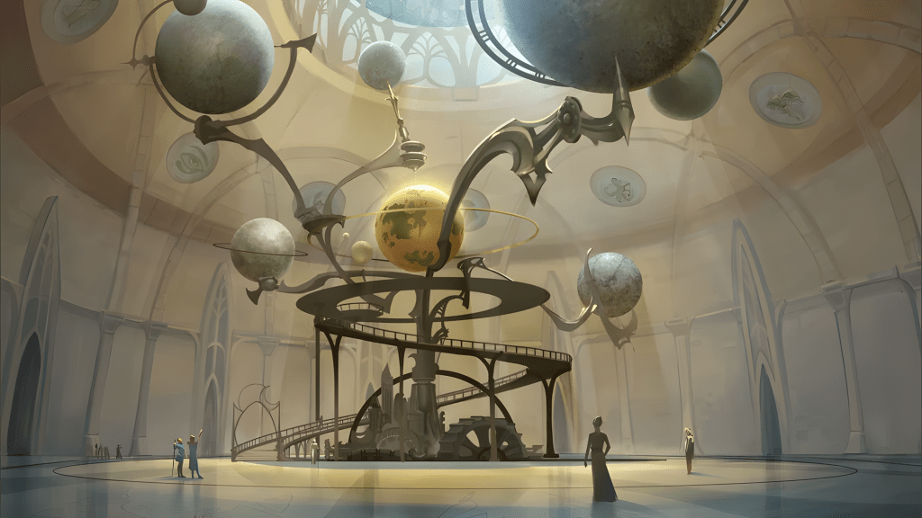 The pre-release art for the Summerset Orrery in The Elder Scrolls: Legends; the continents were later removed